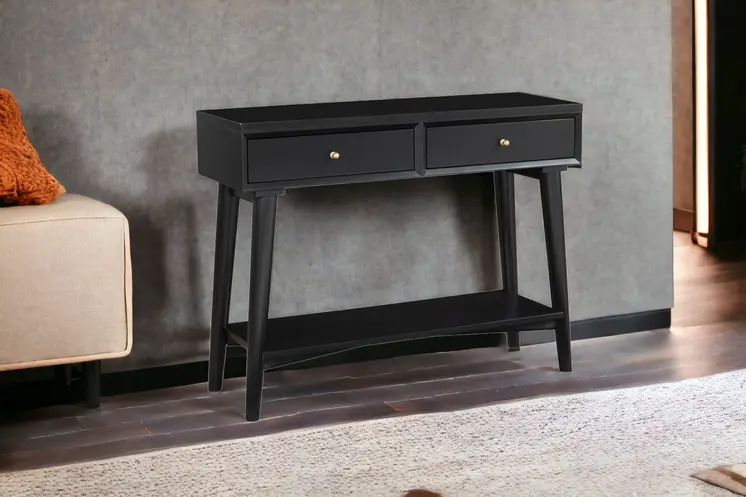 42" Black Floor Shelf Console Table With Shelves And Drawers