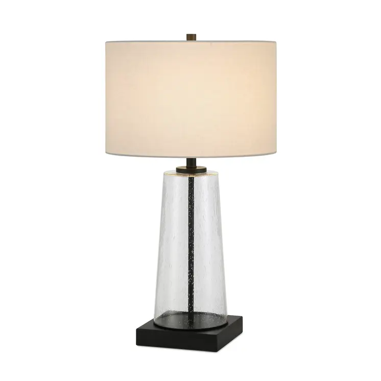 27" Black and Clear Metal and Glass Table Lamp With White Drum Shade