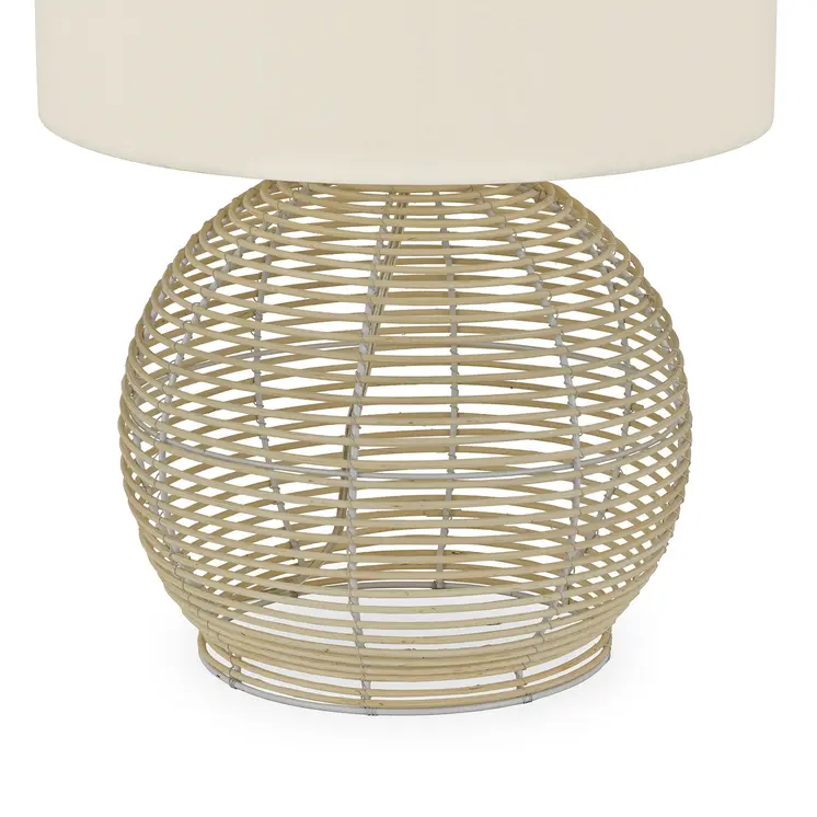 21" Natural Rattan Table Lamp With White Drum Shade