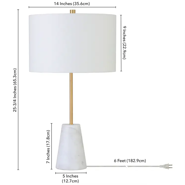 26" Gold and White Marble Table Lamp With White Drum Shade