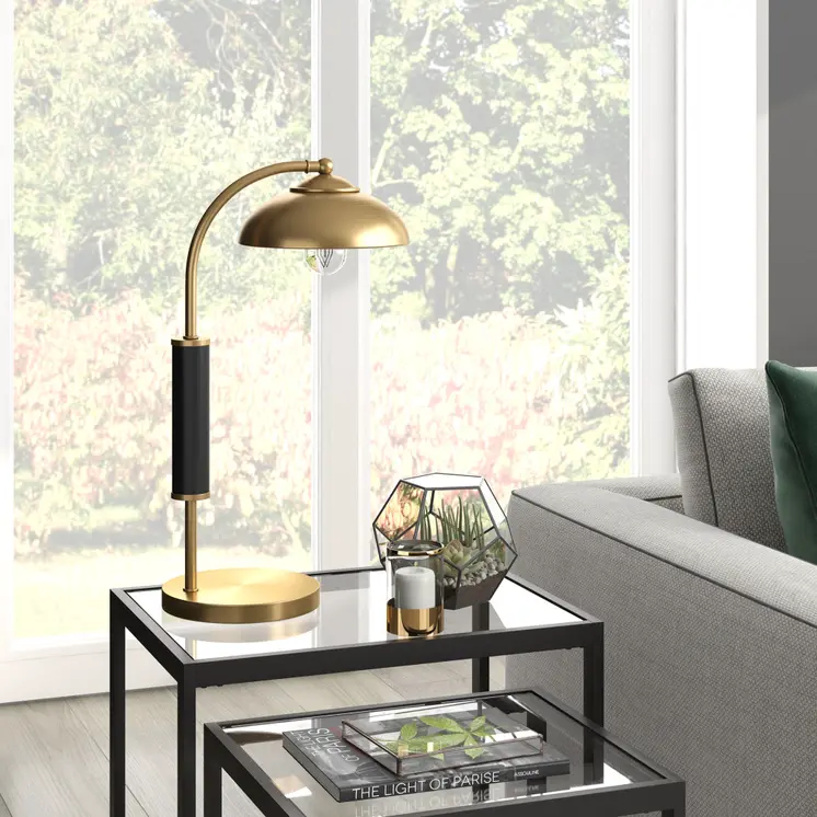 24" Gold and Black Metal Desk Table Lamp With Gold Dome Shade