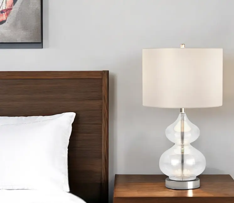 23" Clear Glass Gourd Table Lamp With White Drum Shade