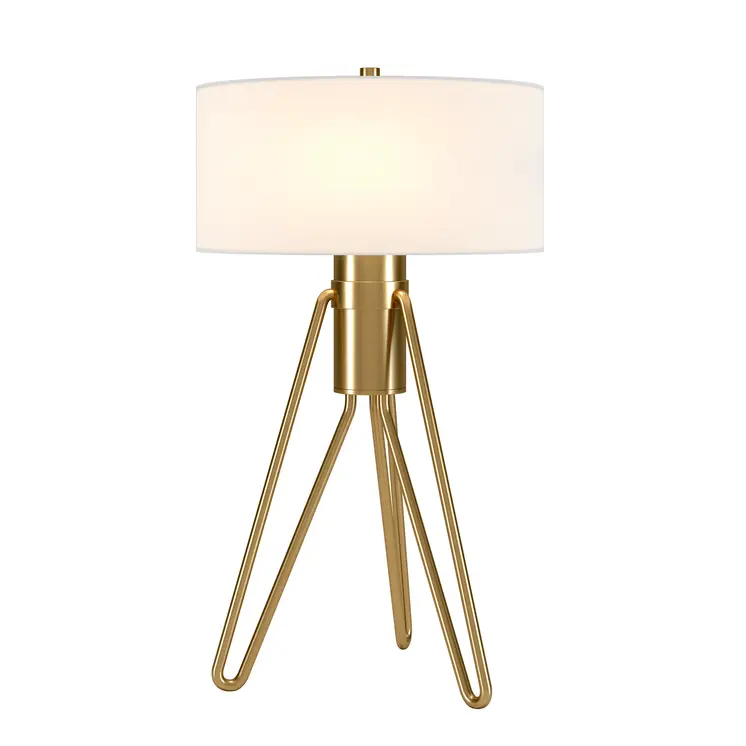 25" Brass Metal Two Light Tripod Table Lamp With White Drum Shade
