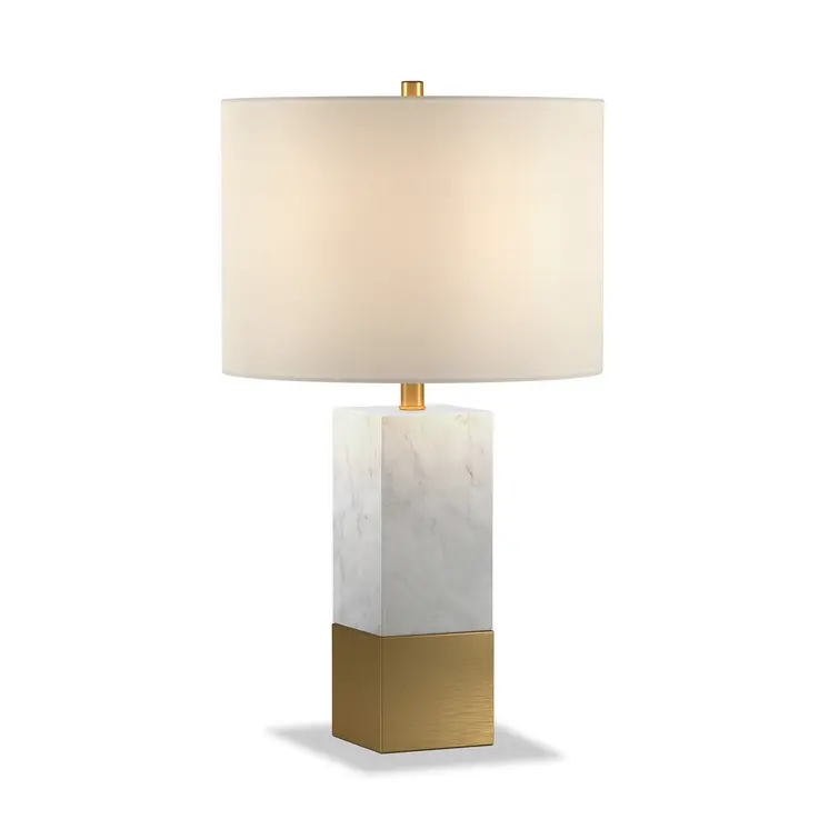 21" Gold and White Marble Table Lamp With White Drum Shade