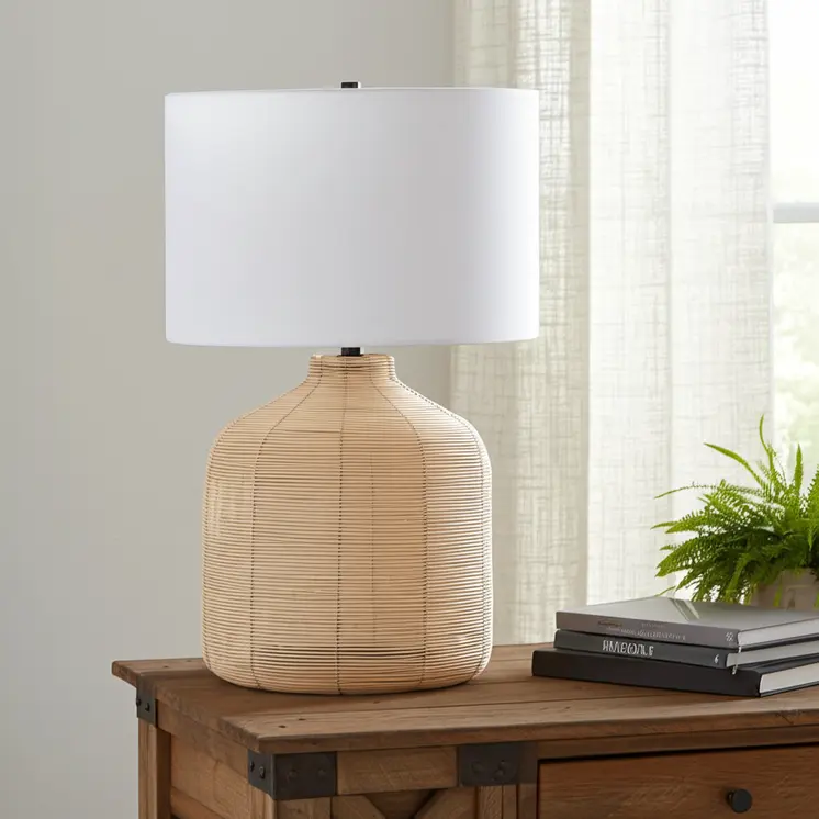 27" Natural Rattan Table Lamp With White Drum Shade