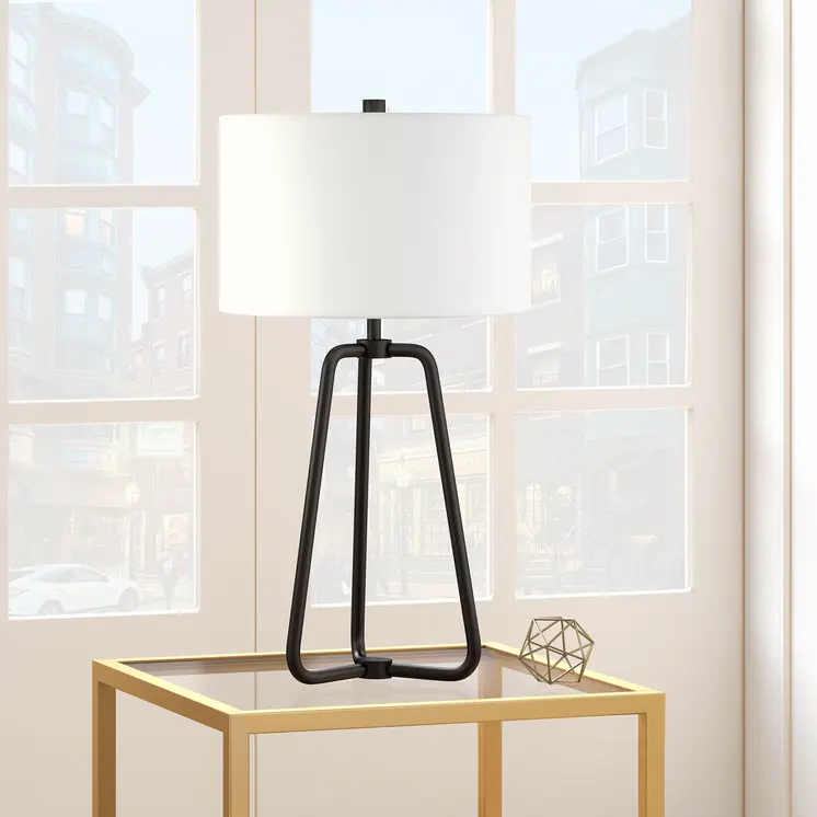 25" Black Metal Table Lamp With White Drum Shade