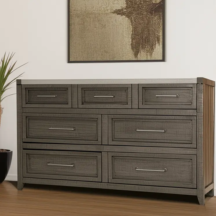 62" Gray Solid Wood Seven Drawer Triple Dresser