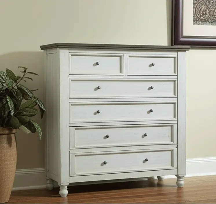 55" Gray and Ivory Solid Wood Five Drawer Gentlemans Chest