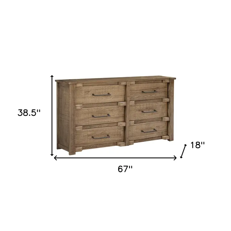 67" Natural Solid Wood Six Drawer Double Dresser