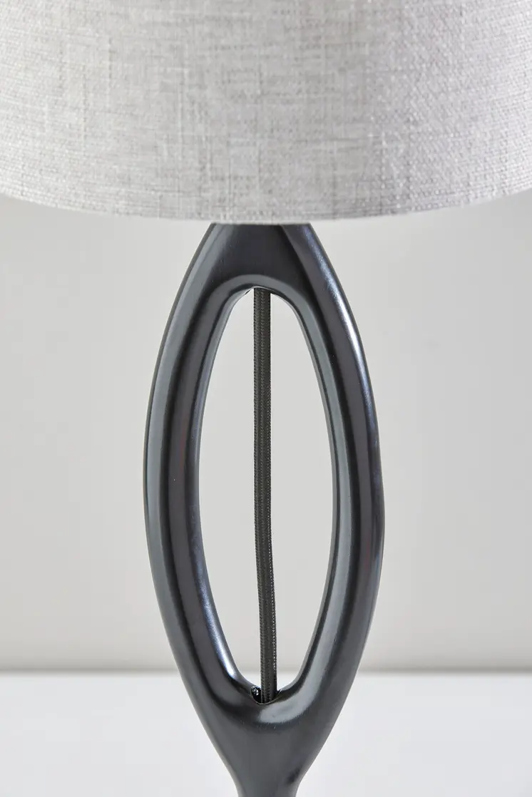 28" Black Solid Wood Round Table Lamp With Gray Drum Shade