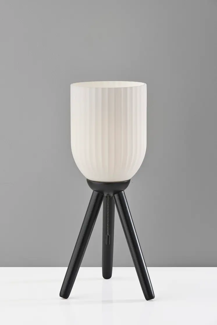 23" Black Solid Wood Tripod Table Lamp With White Ribbed Glass Shade