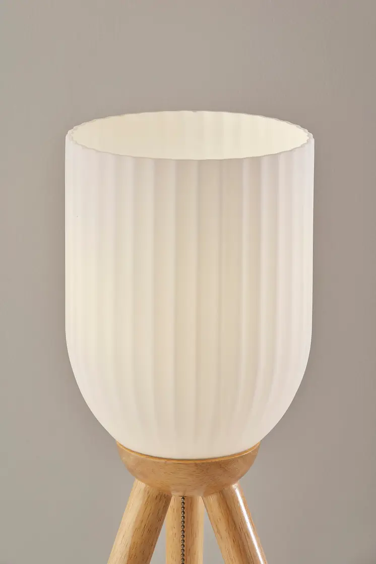 23" Natural Solid Wood Tripod Table Lamp With White Ribbed Glass Shade