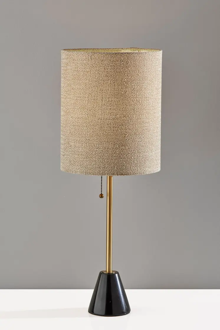 28" Black and Gold Marble and Metal Table Lamp With Beige Drum Shade