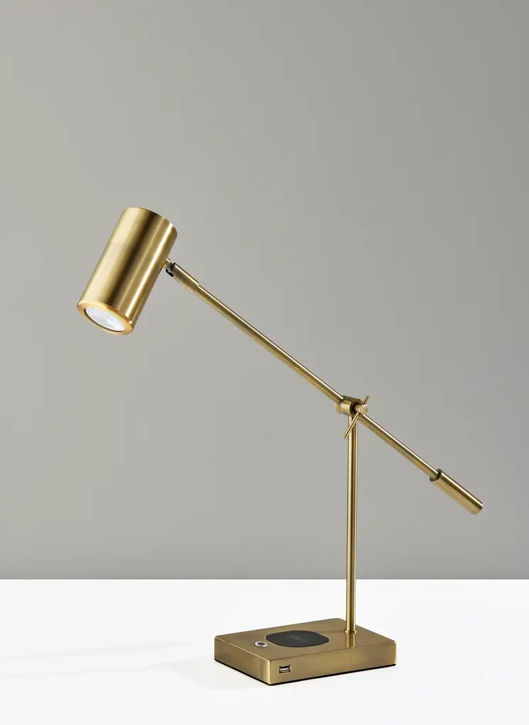 22" Antiqued Brass Metal Novelty Desk LED USB Table Lamp With Brass Drum Shade