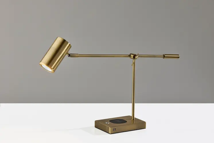 22" Antiqued Brass Metal Novelty Desk LED USB Table Lamp With Brass Drum Shade