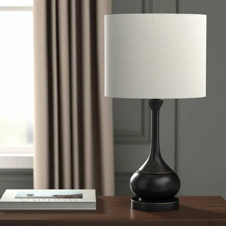 25" Blackened Bronze Metal Round Table Lamp With Off White Drum Shade
