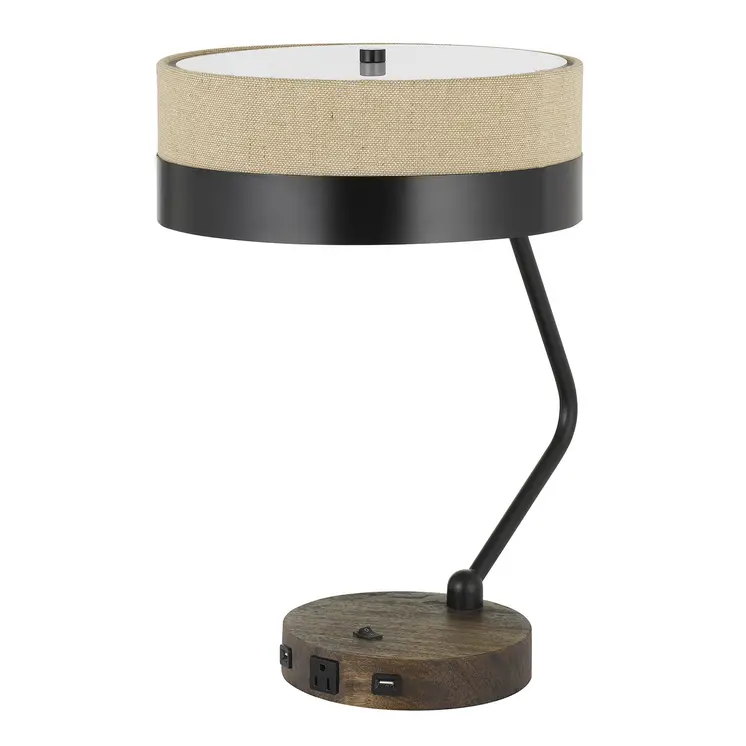 20" Black And Brown Wood And Metal Two Light USB Table Lamp With Beige And Black Shade