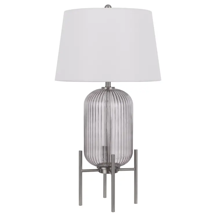 33" Nickel Glass Round Table Lamp With White Empire Shade