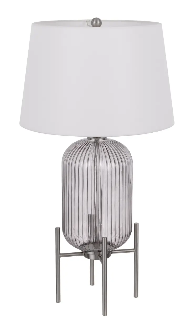 33" Nickel Glass Round Table Lamp With White Empire Shade