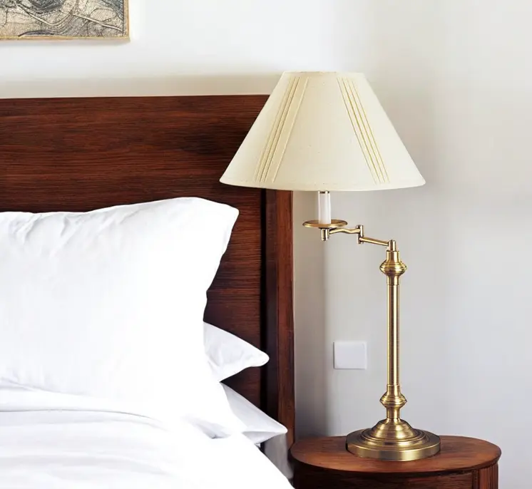 30" Bronze Metal Swing Arm Table Lamp With Off White Empire Shade