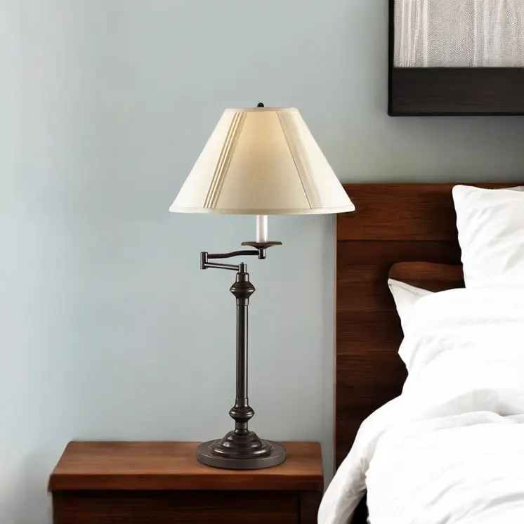 30" Antiqued Bronze Metal Swing Arm Table Lamp With Off White Empire Shade