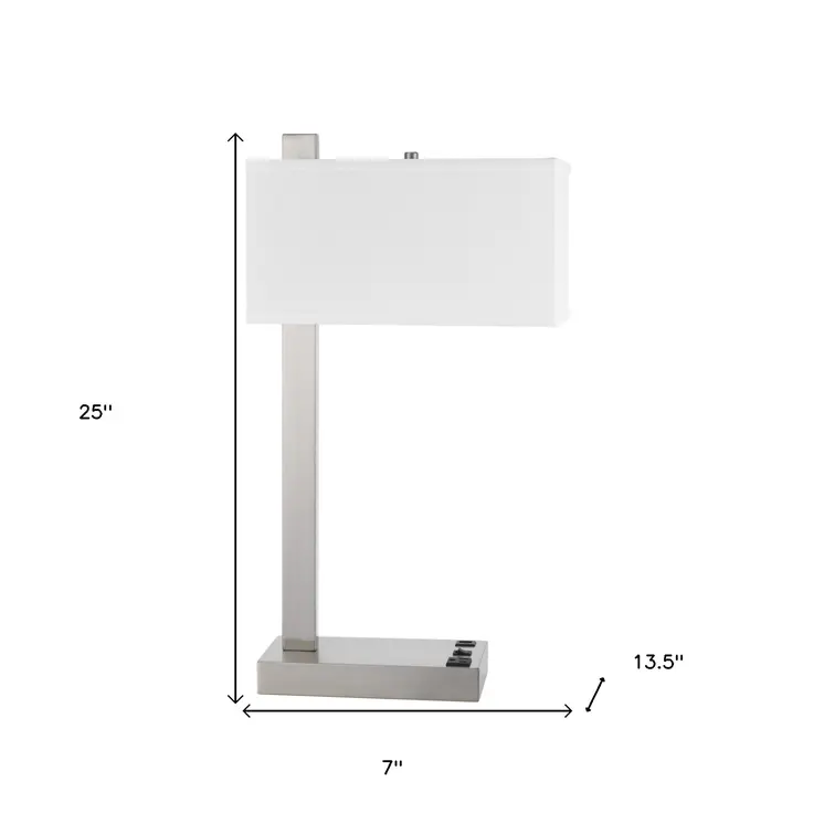 25" Nickel Metal Desk USB Table Lamp With White Shade