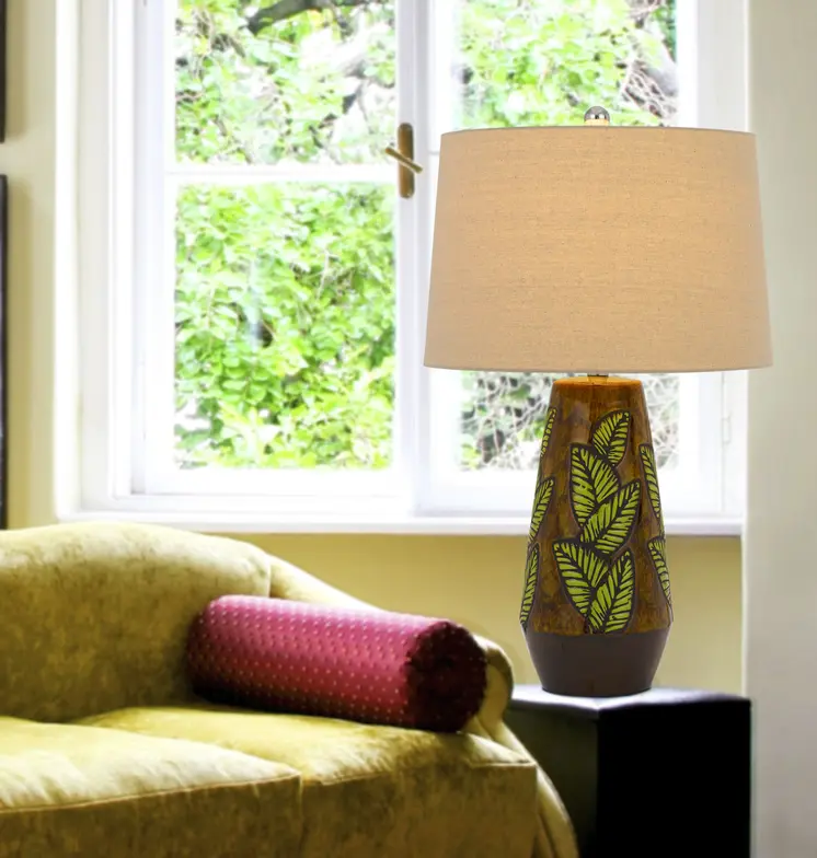 29" Brown Ceramic Cylinder Table Lamp With Tan Empire Shade