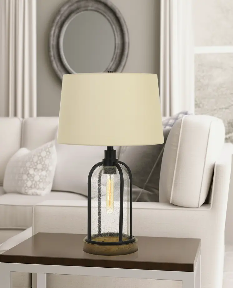 27" Brown Metal Two Light Globe Table Lamp With Eggshell Empire Shade