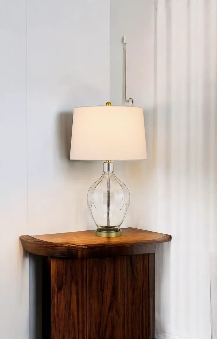 30" Clear Metal Table Lamp With Off White Drum Shade