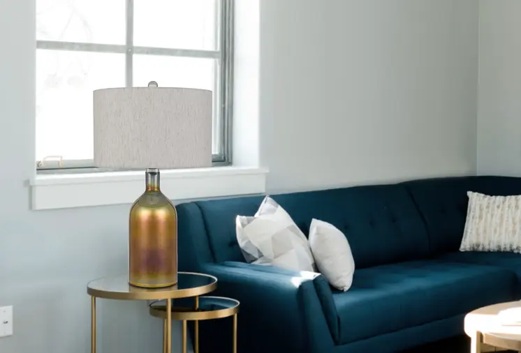 28" Gold Glass Novelty Table Lamp With Gray Drum Shade