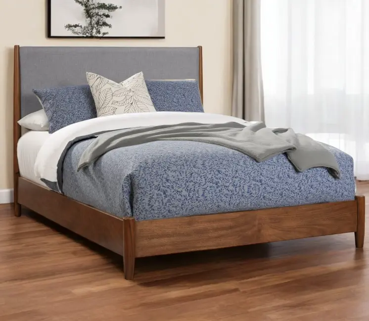 Brown and Gray Solid Wood And Linen Queen Bed Frame