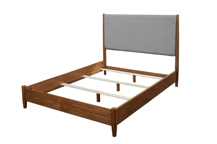 Brown and Gray Solid Wood And Linen Queen Bed Frame