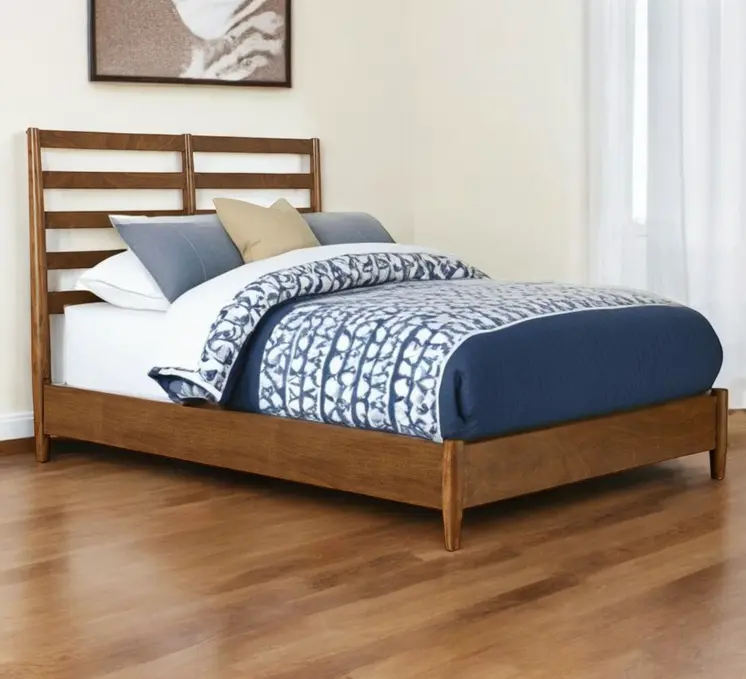 Brown Slat Back Solid Wood Queen Bed Frame