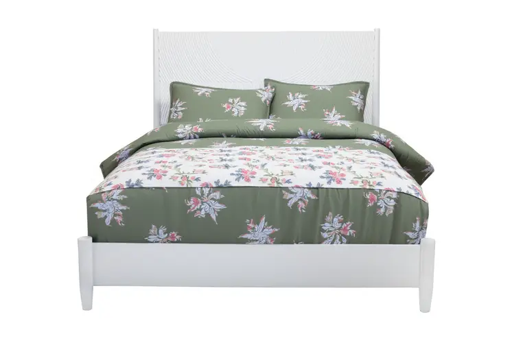 White Carved Geometric Solid Wood Queen Bed Frame