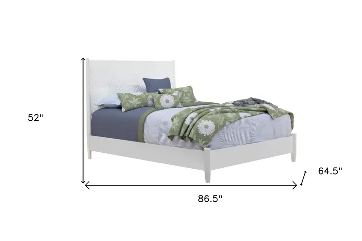 White Carved Geometric Solid Wood Queen Bed Frame
