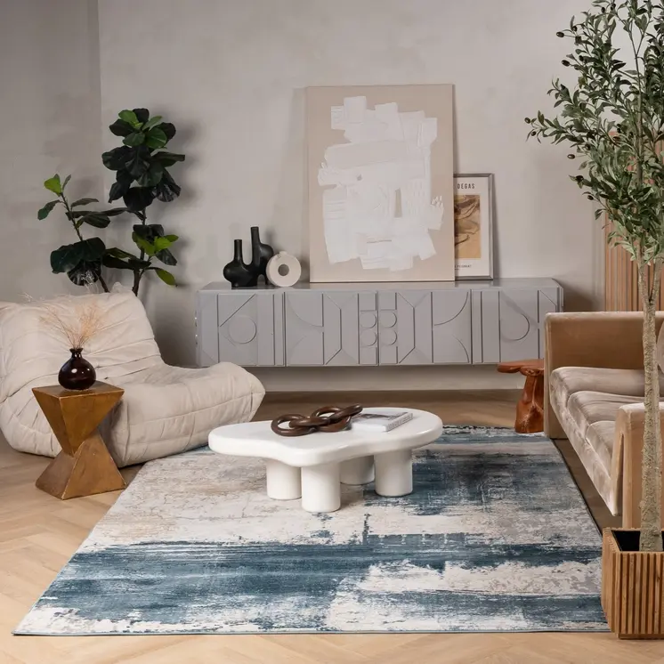 4' X 6' Blue And Beige Abstract Washable Non Skid Area Rug