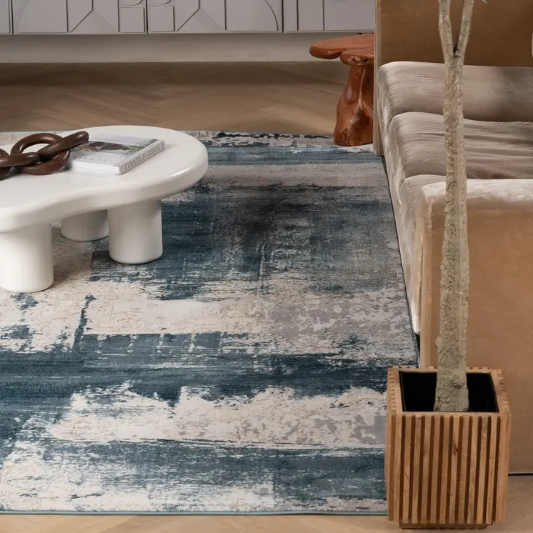 4' X 6' Blue And Beige Abstract Washable Non Skid Area Rug