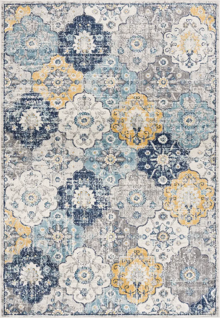 8' Blue and Gray Round Floral Washable Non Skid Area Rug