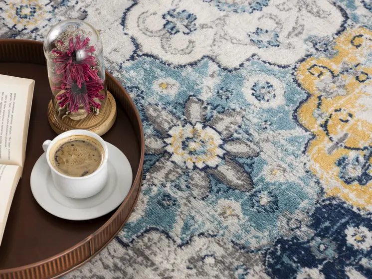 8' Blue and Gray Round Floral Washable Non Skid Area Rug