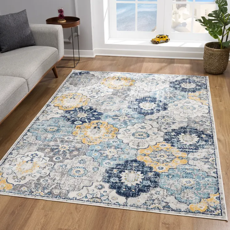 8' Blue and Gray Round Floral Washable Non Skid Area Rug