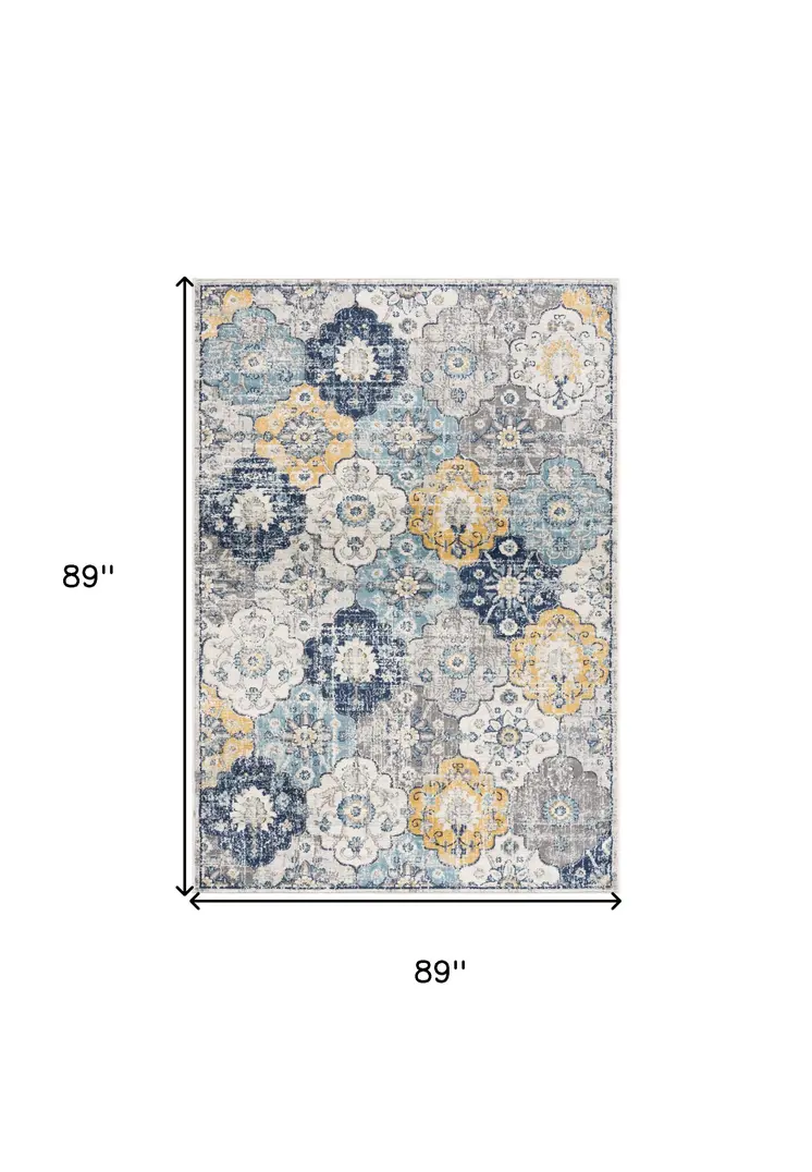 8' Blue and Gray Round Floral Washable Non Skid Area Rug