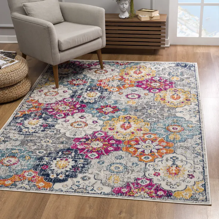 5' Gray Beige and Blue Geometric Distressed Round Rug