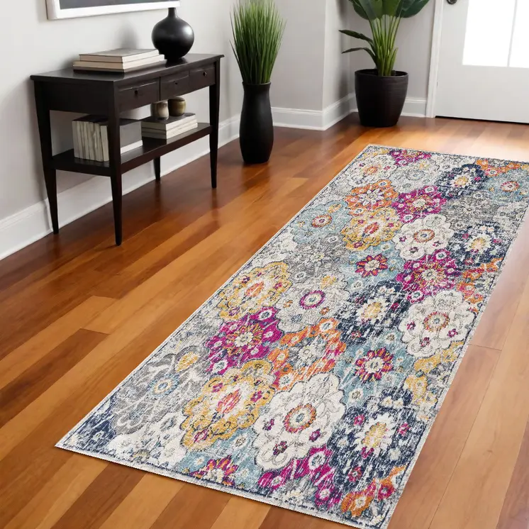 8' Rust Round Geometric Washable Non Skid Area Rug