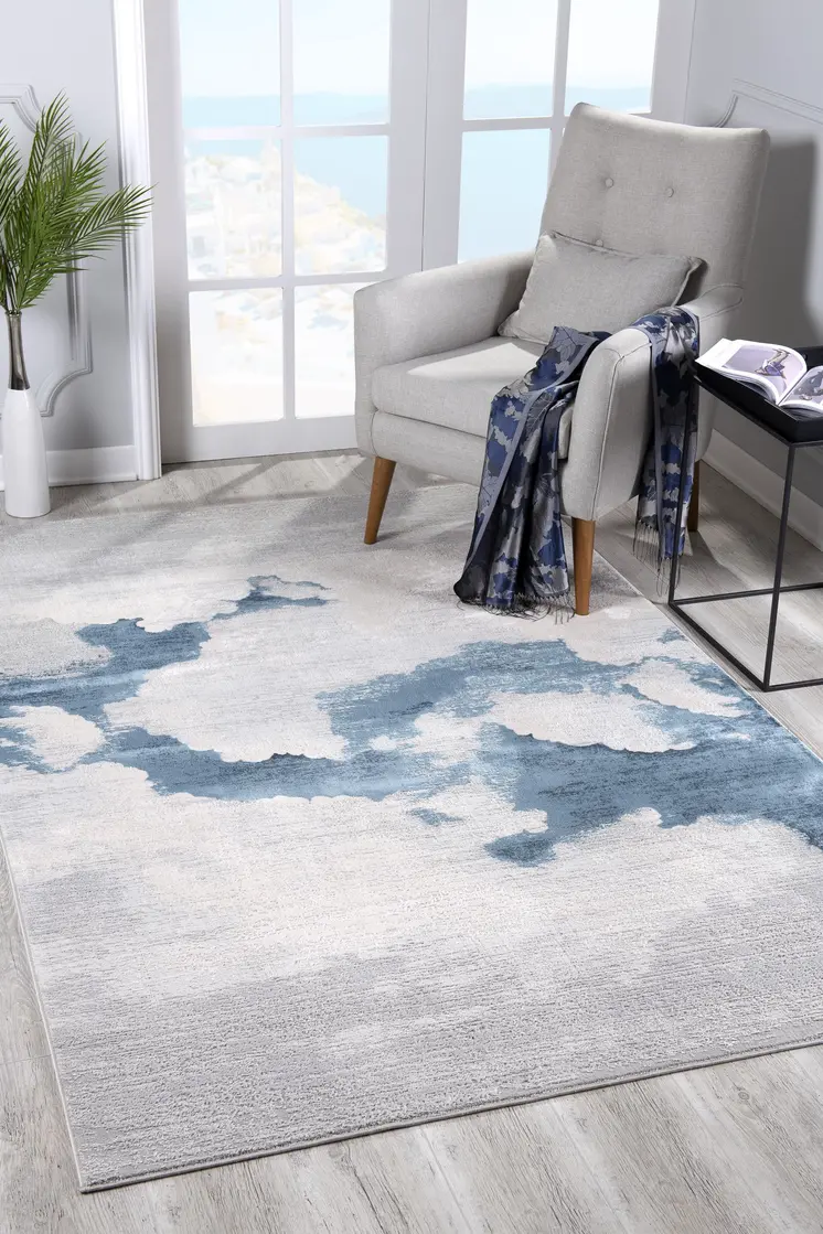 8' Blue And Gray Abstract Washable Runner Rug