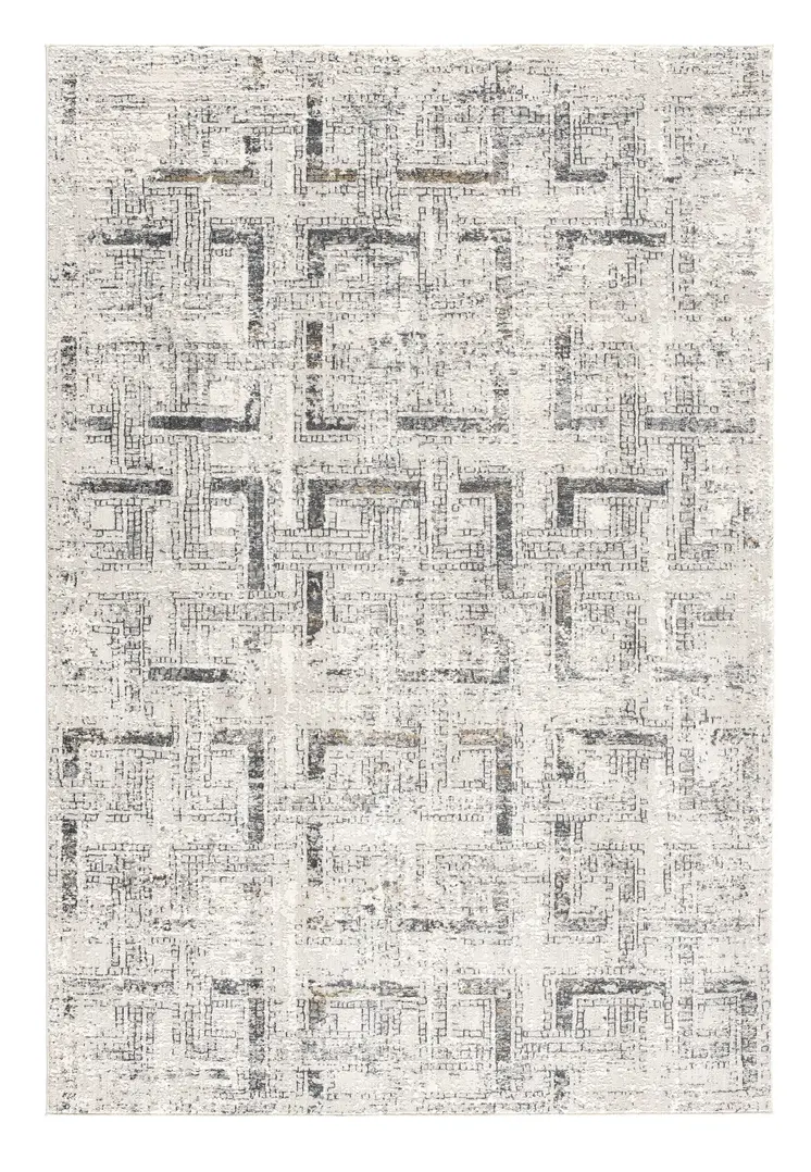 10' Ivory and Gray Geometric Distressed Runner Rug