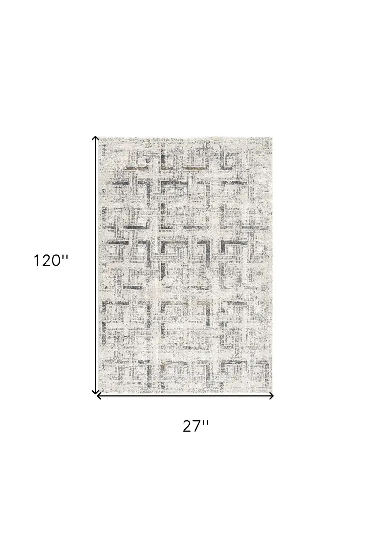 10' Ivory and Gray Geometric Distressed Runner Rug