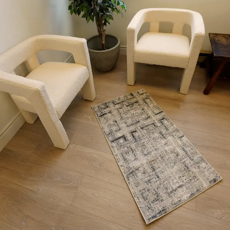 10' Ivory and Gray Geometric Distressed Runner Rug