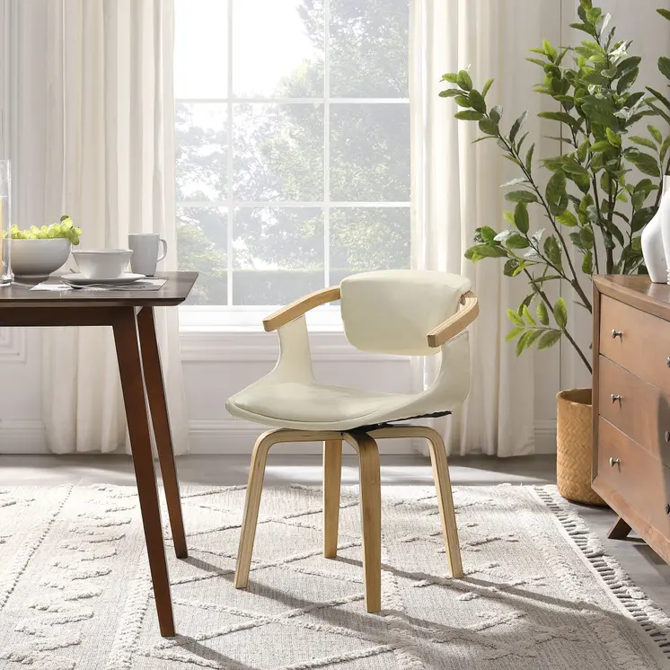 Off White and Natural Upholstered Faux Leather Dining Arm Chair
