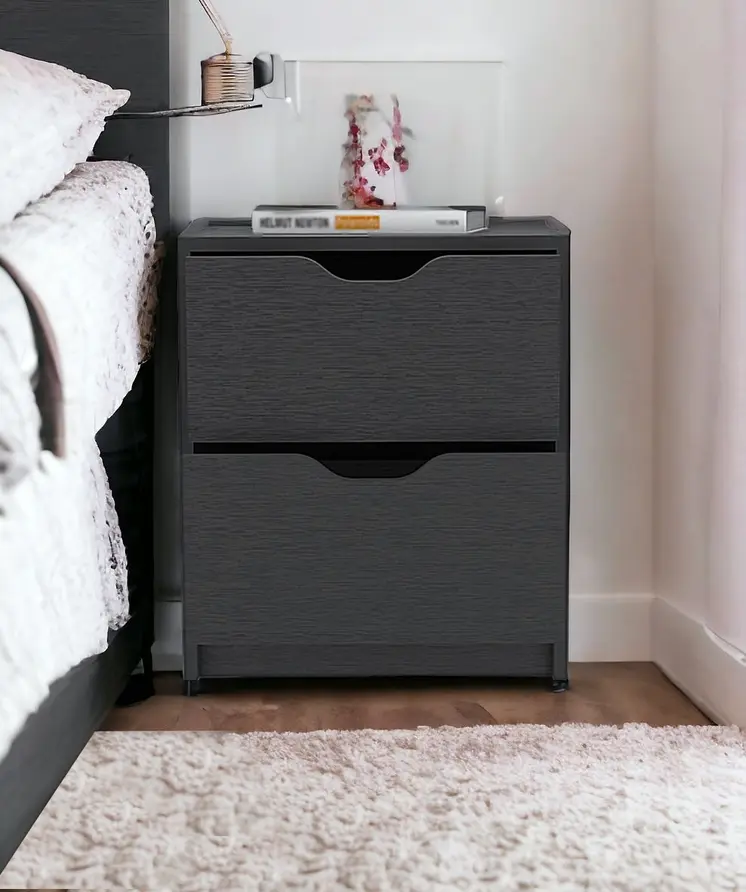 19" Black Wood Two Drawer Nightstand