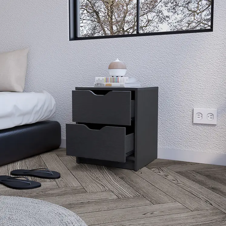 19" Black Wood Two Drawer Nightstand